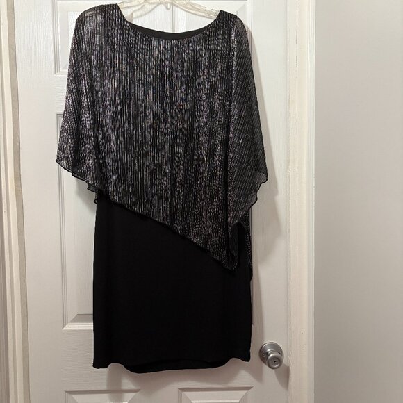 Connected Women's Black Metallic Cape-Overlay Sheath Cocktail Dress. Size 10 - Picture 2 of 14